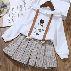 Cotton Cartoon Little Bear Hoodies + Pleated Skirt 2Pcs Suit