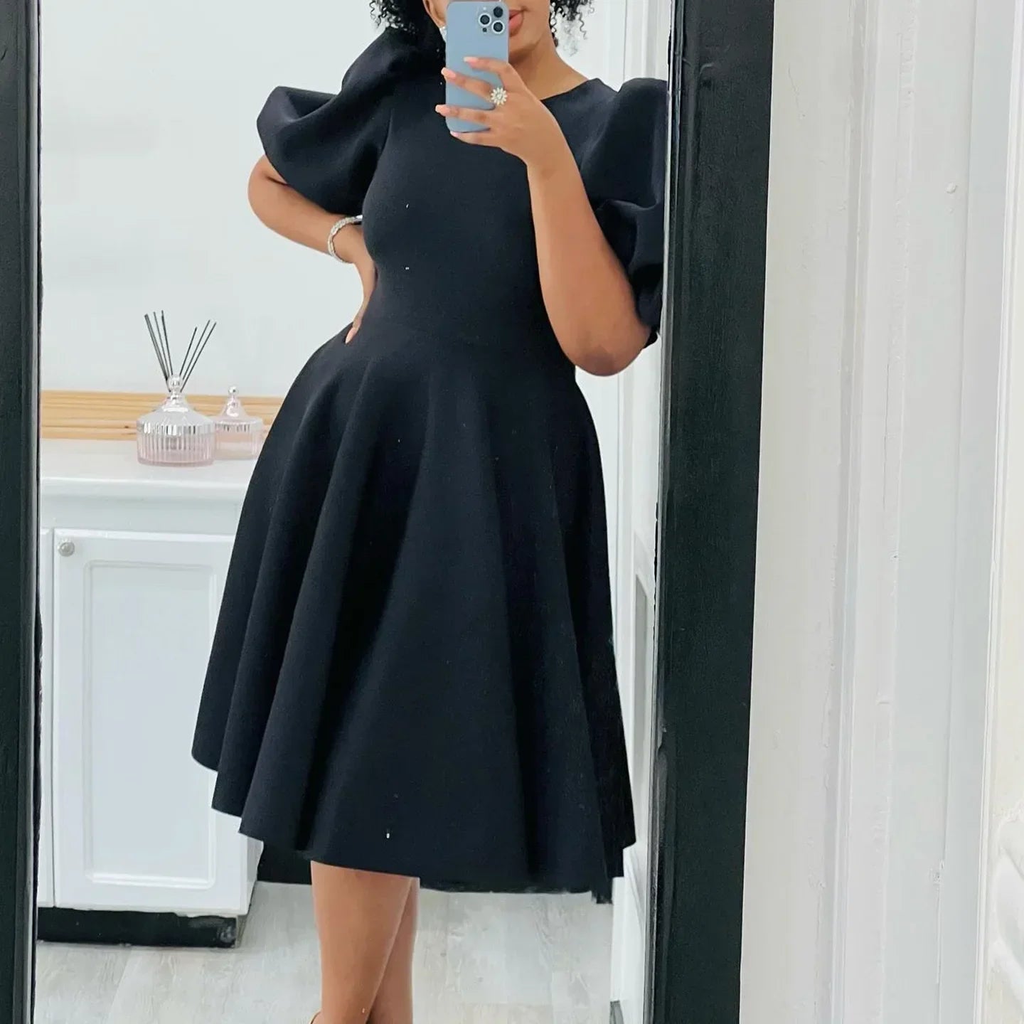 Elegant O Neck Short Sleeve High Waisted Pleated Dress
