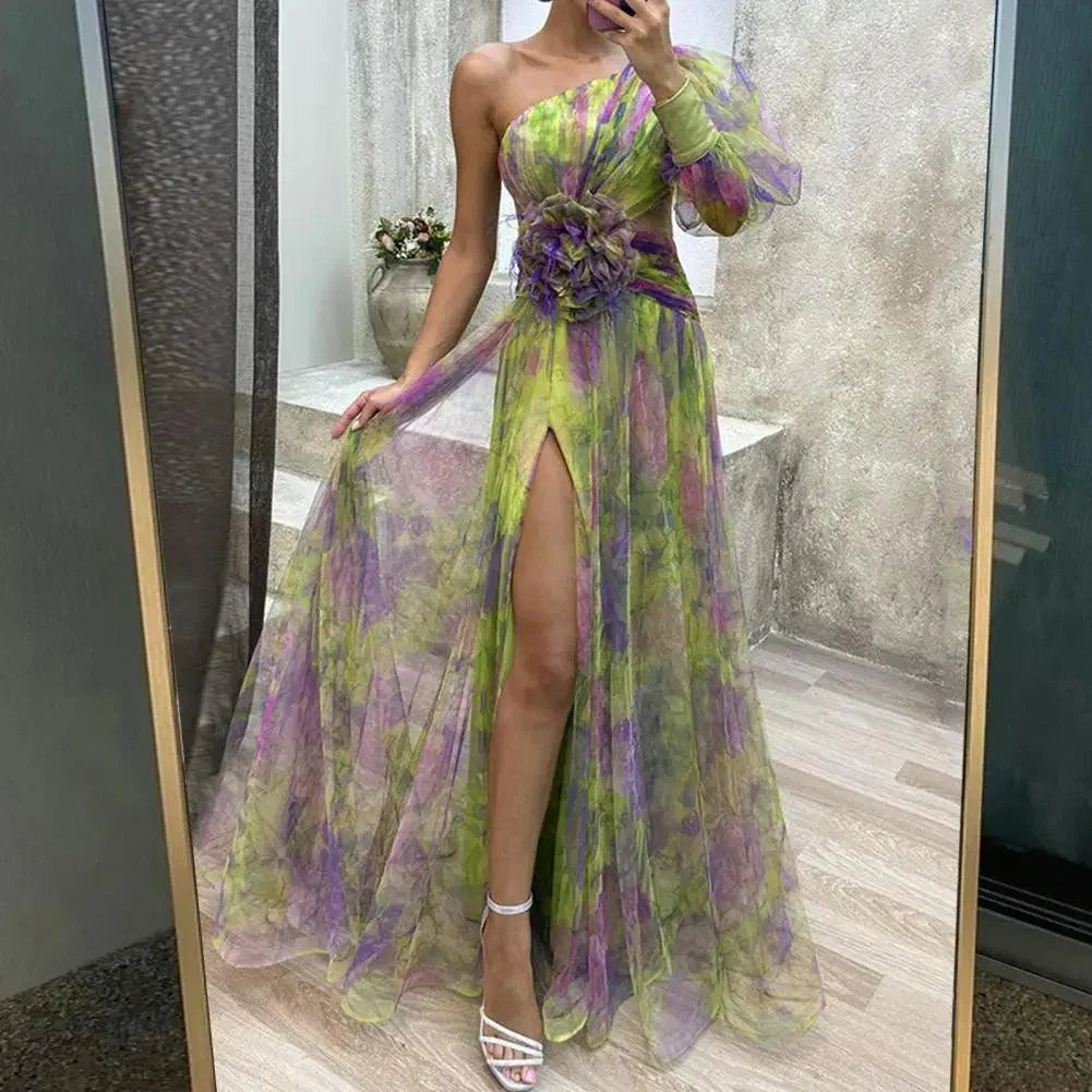 Elegant One Shoulder Tie-dye Ball Gown Evening Dress