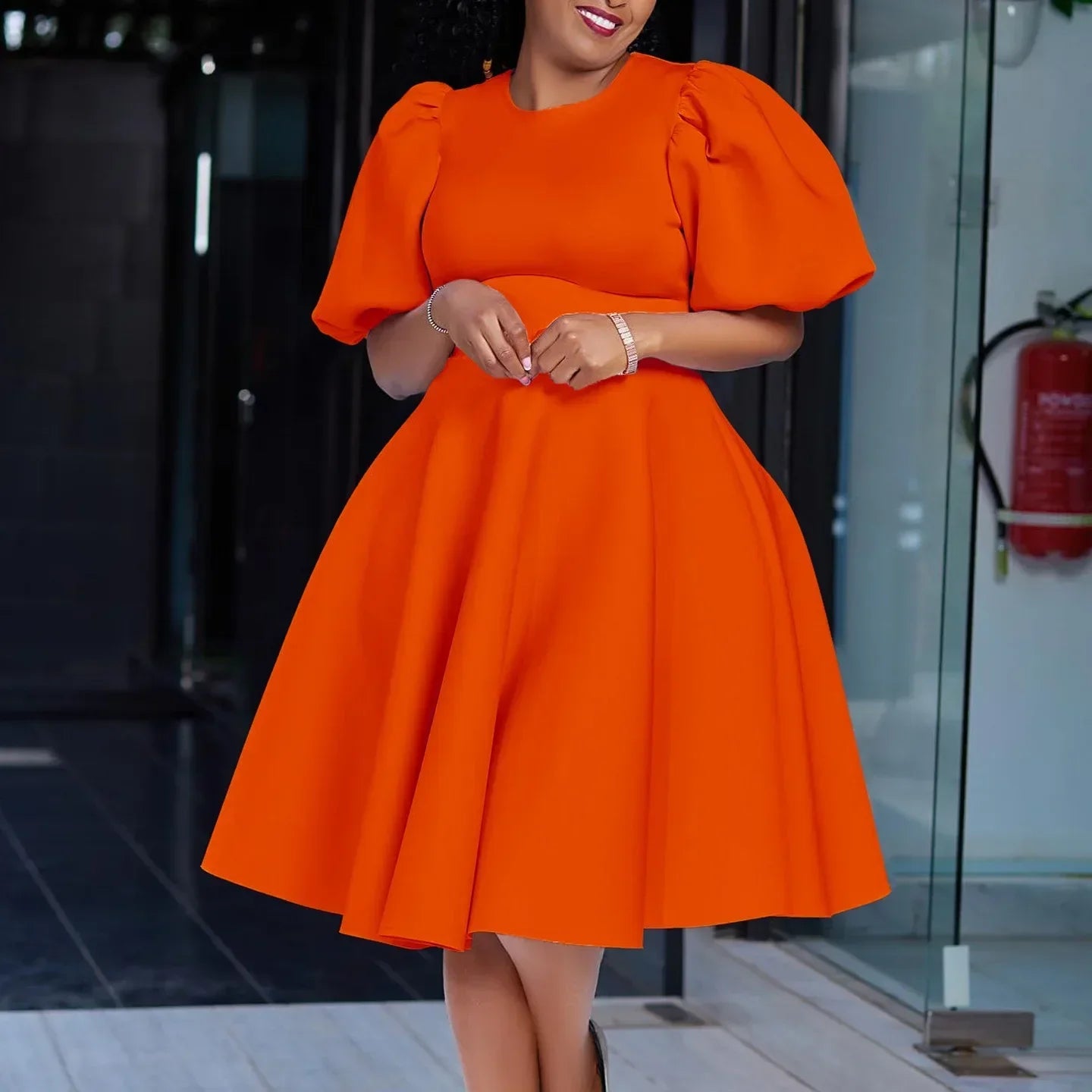Elegant O Neck Short Sleeve High Waisted Pleated Dress