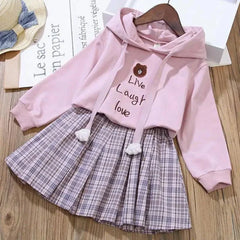 Cotton Cartoon Little Bear Hoodies + Pleated Skirt 2Pcs Suit