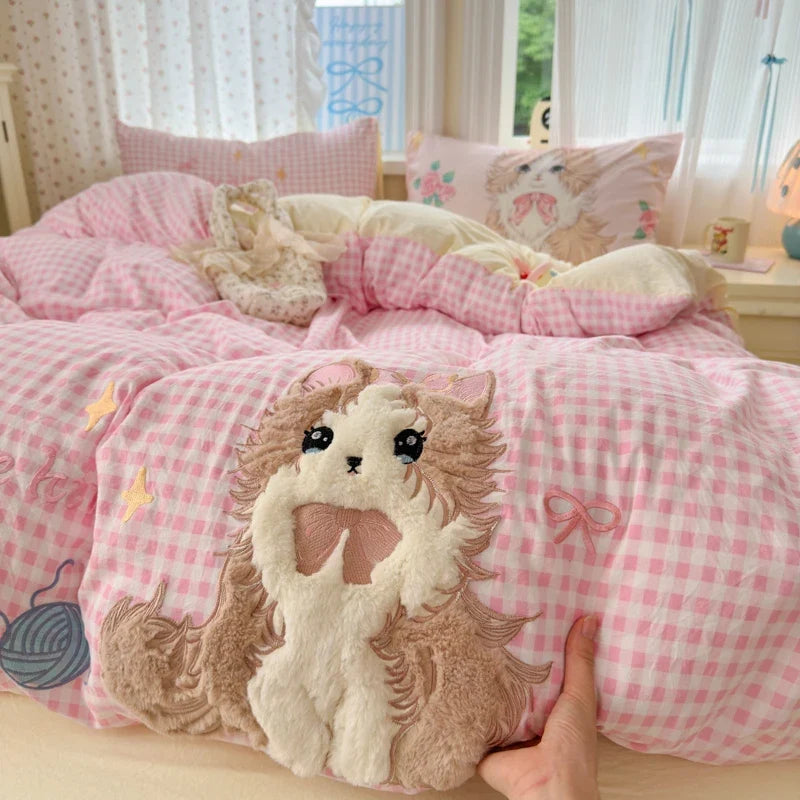 Cute Cartoon's Bow Towel Embroidery Girls Bedding Set