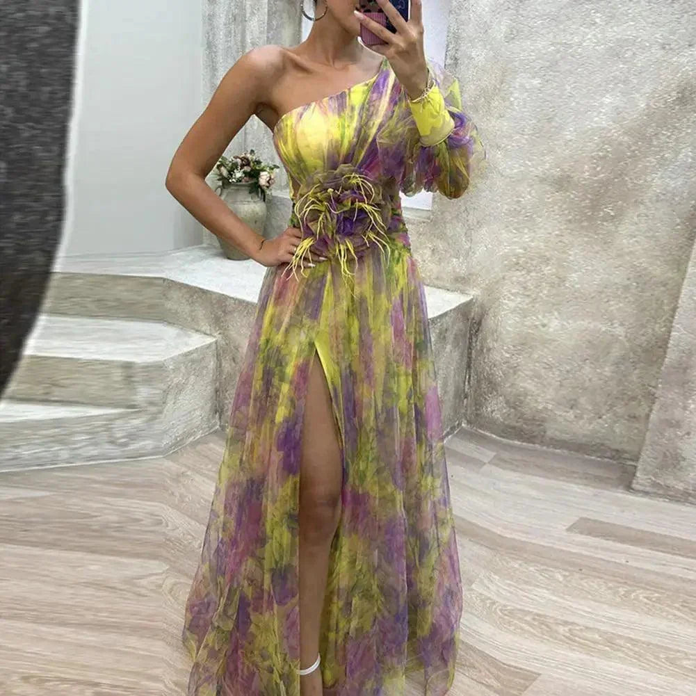 Elegant One Shoulder Tie-dye Ball Gown Evening Dress