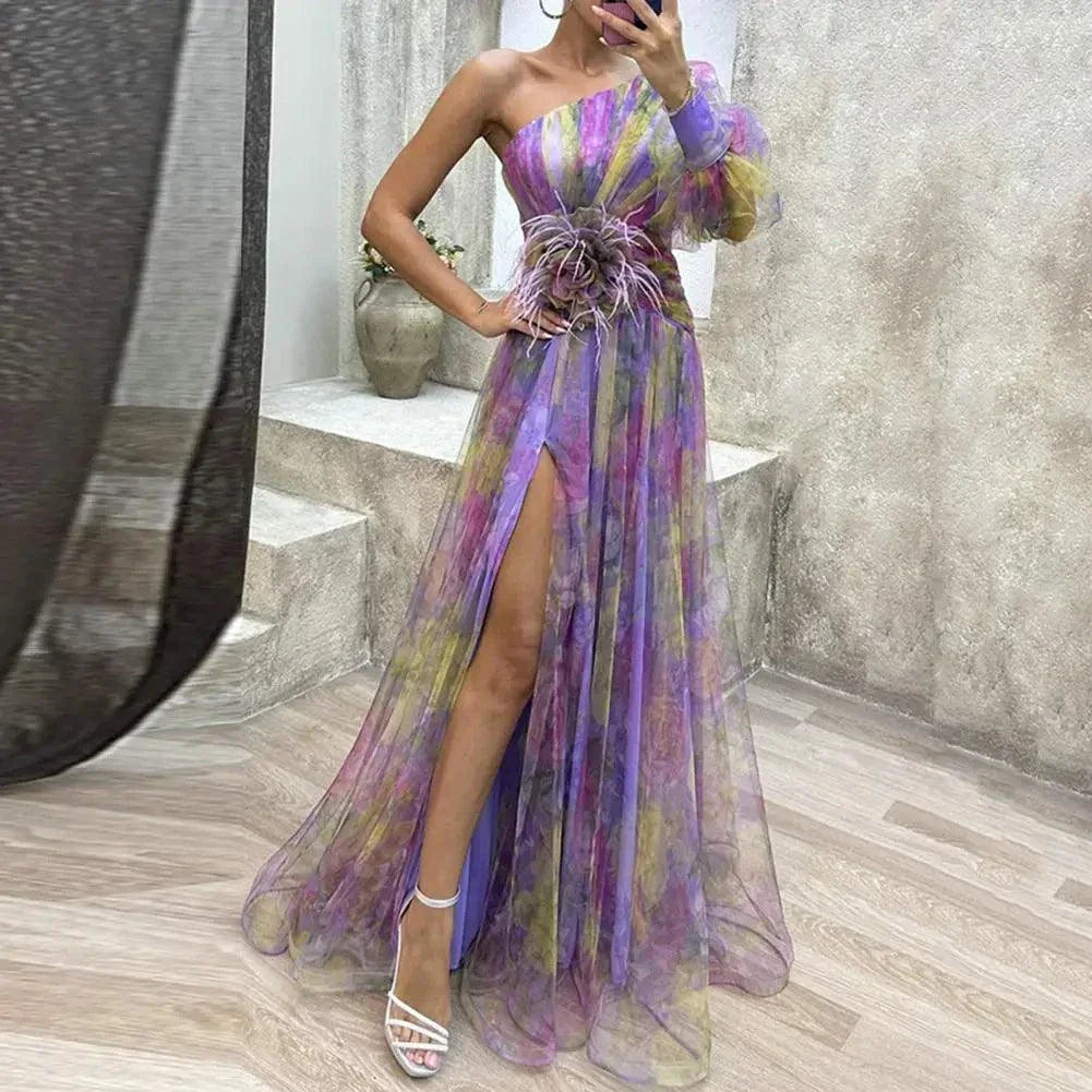 Elegant One Shoulder Tie-dye Ball Gown Evening Dress