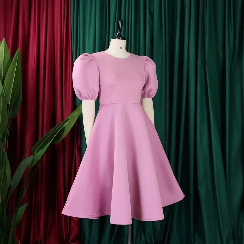 Elegant O Neck Short Sleeve High Waisted Pleated Dress