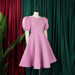 Elegant O Neck Short Sleeve High Waisted Pleated Dress