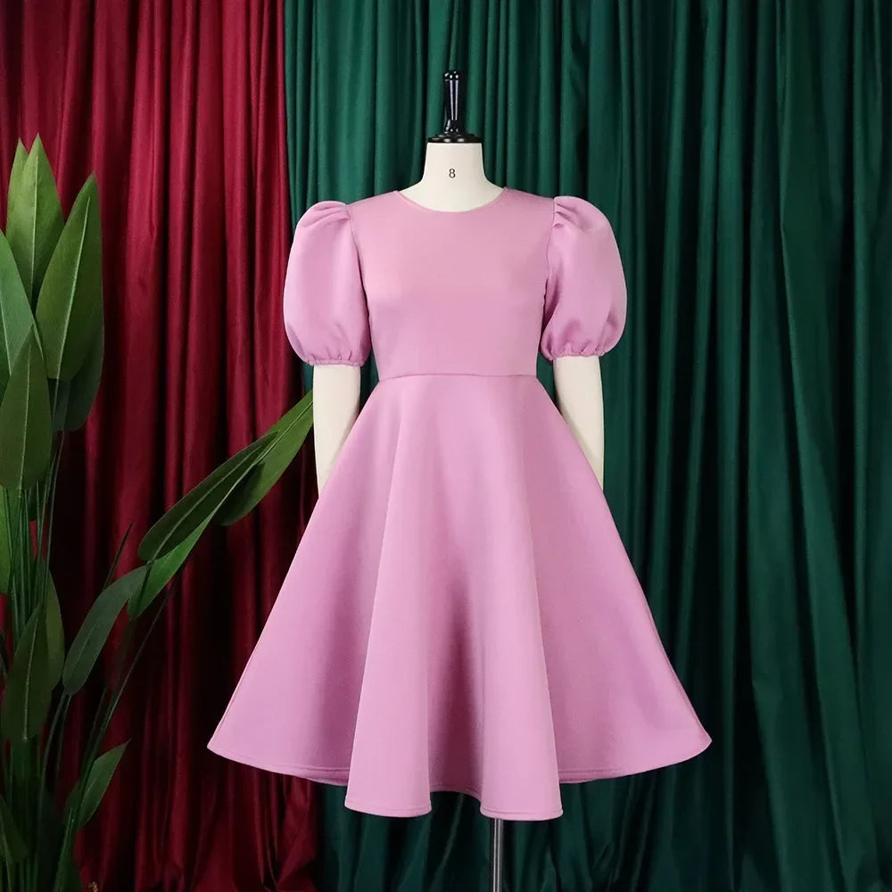 Elegant O Neck Short Sleeve High Waisted Pleated Dress