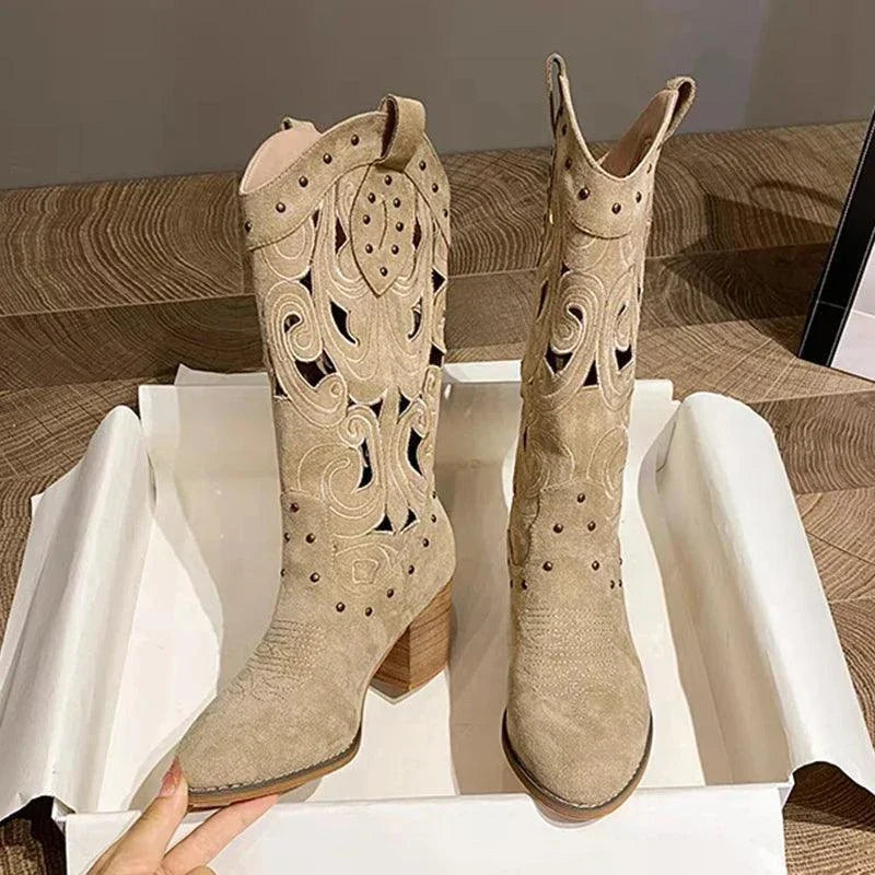 Autumn Chunky Heels Knee High Cowboy Boots