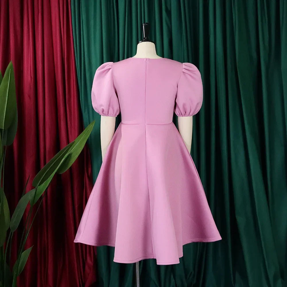 Elegant O Neck Short Sleeve High Waisted Pleated Dress