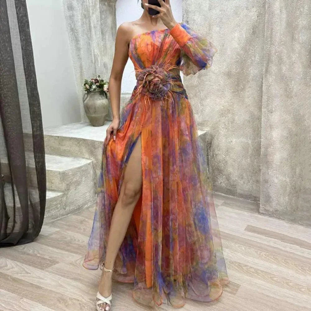 Elegant One Shoulder Tie-dye Ball Gown Evening Dress