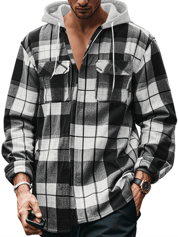 Casual Flannel Jacquard Long Sleeve Hooded Plaid Shirt