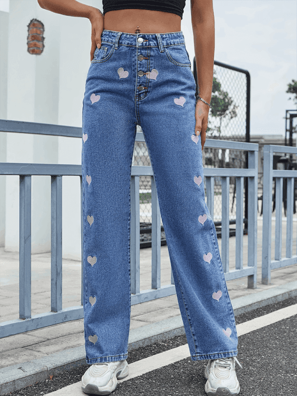 Fashion Embroidery Casual High Waist Straight Jeans Trousers