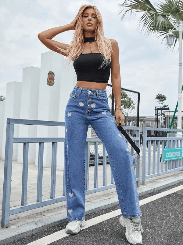 Fashion Embroidery Casual High Waist Straight Jeans Trousers