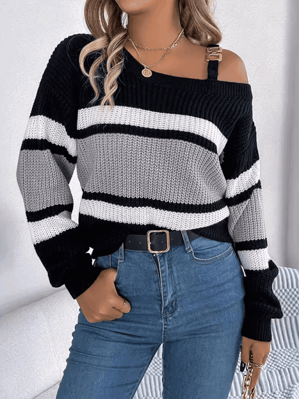 Casual Lantern Sleeve Metal Button Off Shoulder Pullover Sweater