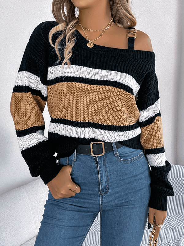 Casual Lantern Sleeve Metal Button Off Shoulder Pullover Sweater