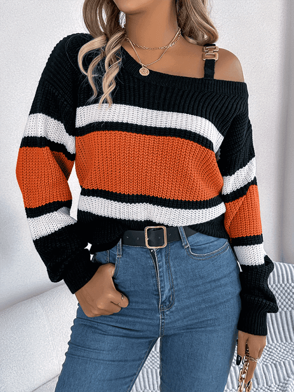 Casual Lantern Sleeve Metal Button Off Shoulder Pullover Sweater