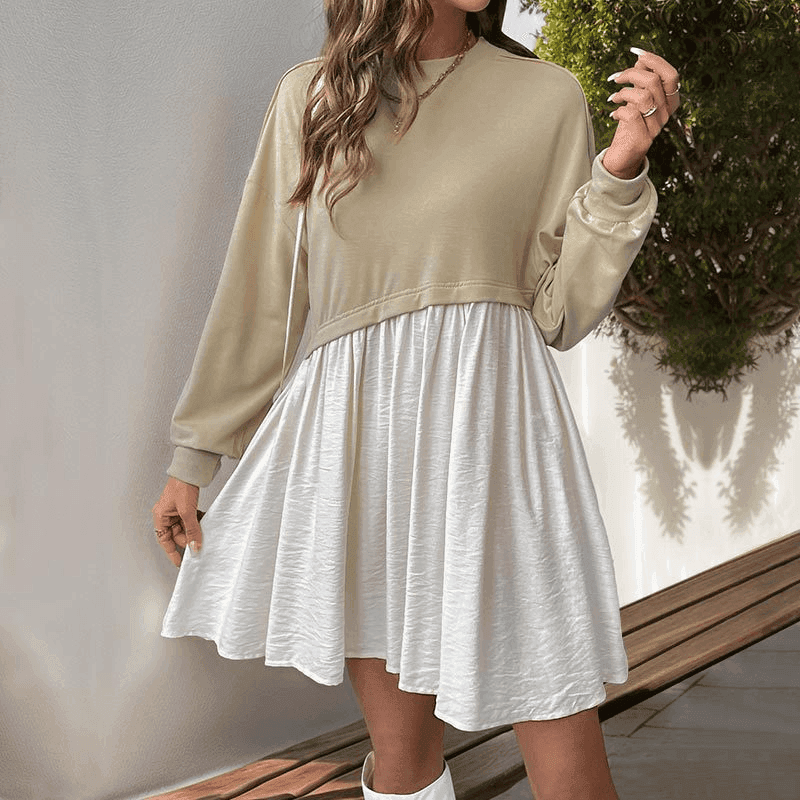 Casual long-sleeved round neck contrast color shirt dress