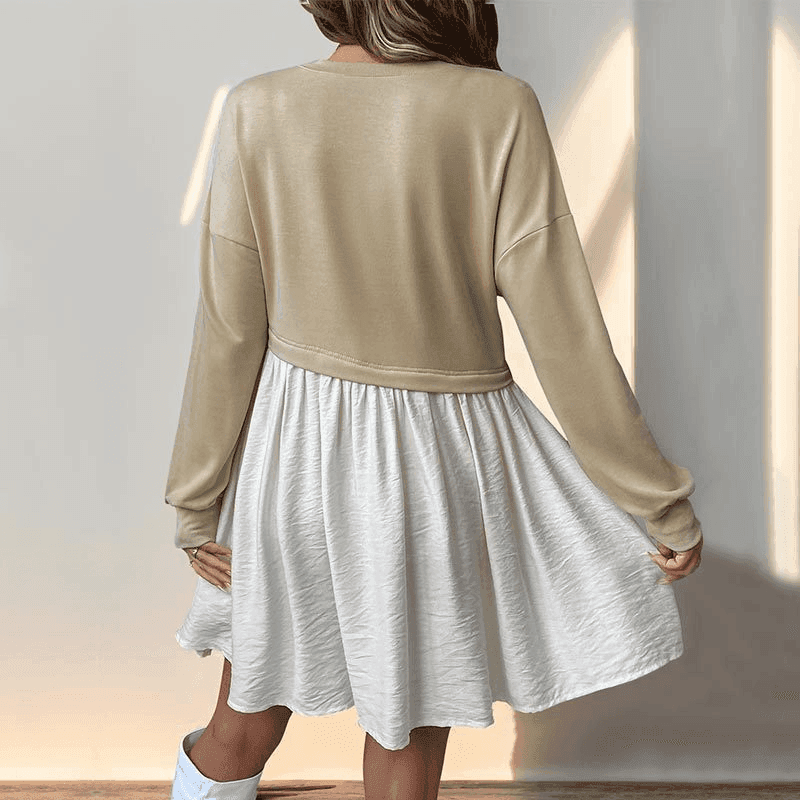 Casual long-sleeved round neck contrast color shirt dress